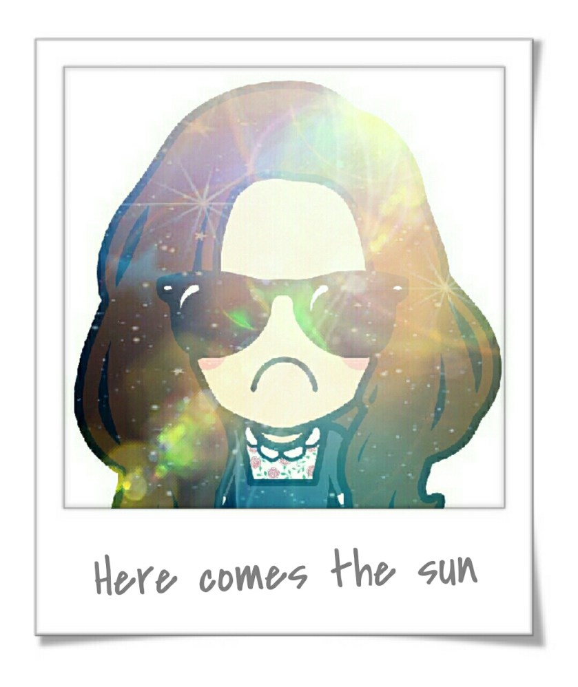 Cartoon girl has sunglasses on while the bright sun shines around her. She has a sad face. 