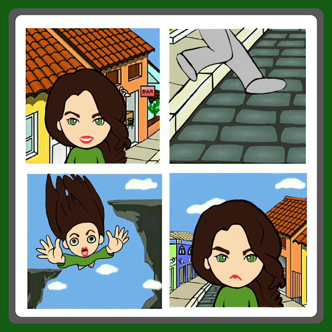 Cartoon brown haired girl.  Falling off kerb with sad face