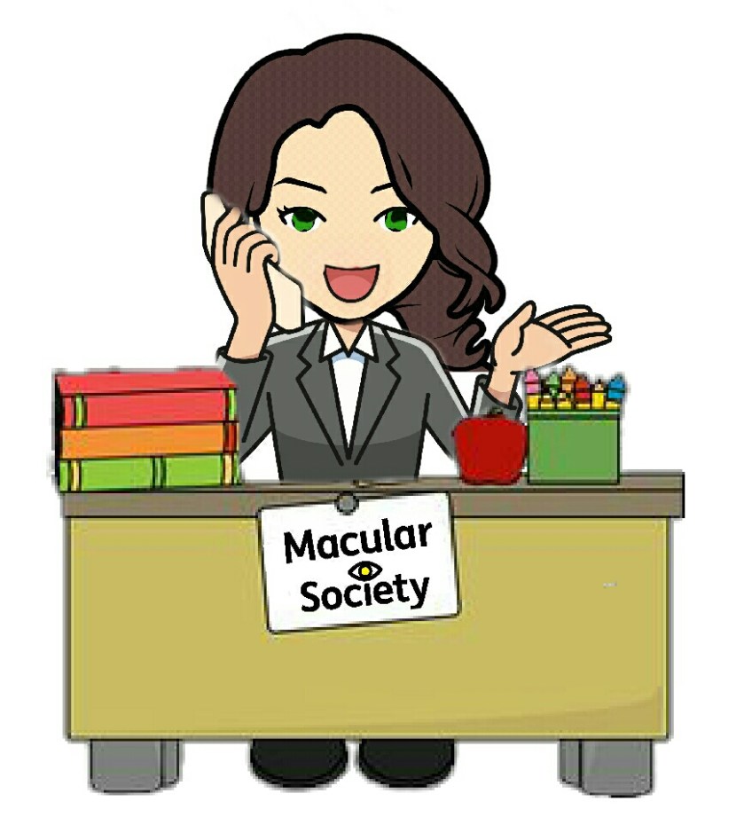 Woman behind a desk. Sign has Macula society on desk. She is answering the phone 