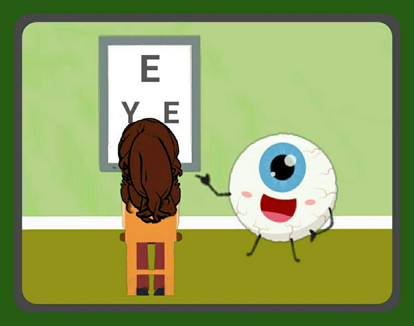 Woman with back towards you sat on a chair while cartoon eye character points to letters on the wall 