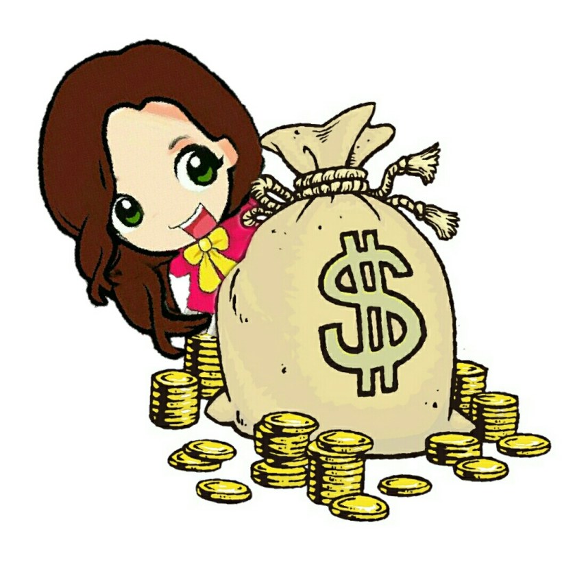Smiling long brown haired cartoon woman, holding a big bag of coins with coins a round her
