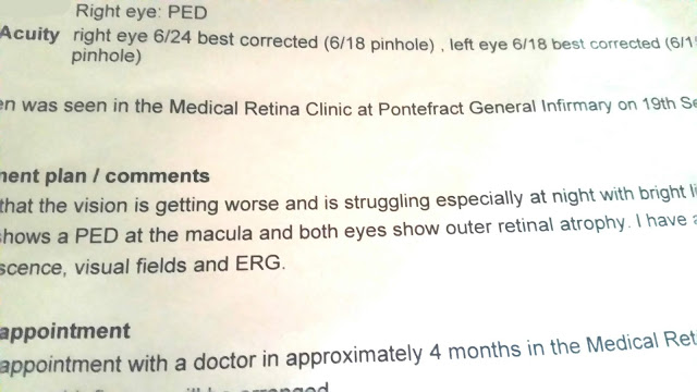 Letter explaining I have retinal atrophy and small ped detachment 
