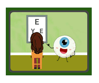 Cartoon woman having eye test in opticians office 