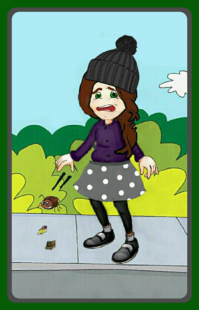 Cartoon woman looks in shock while picking up a bug
