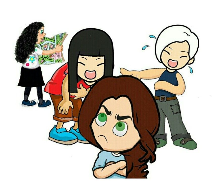 Woman looks angry with three friends as they are laughing behind her, and one has a map