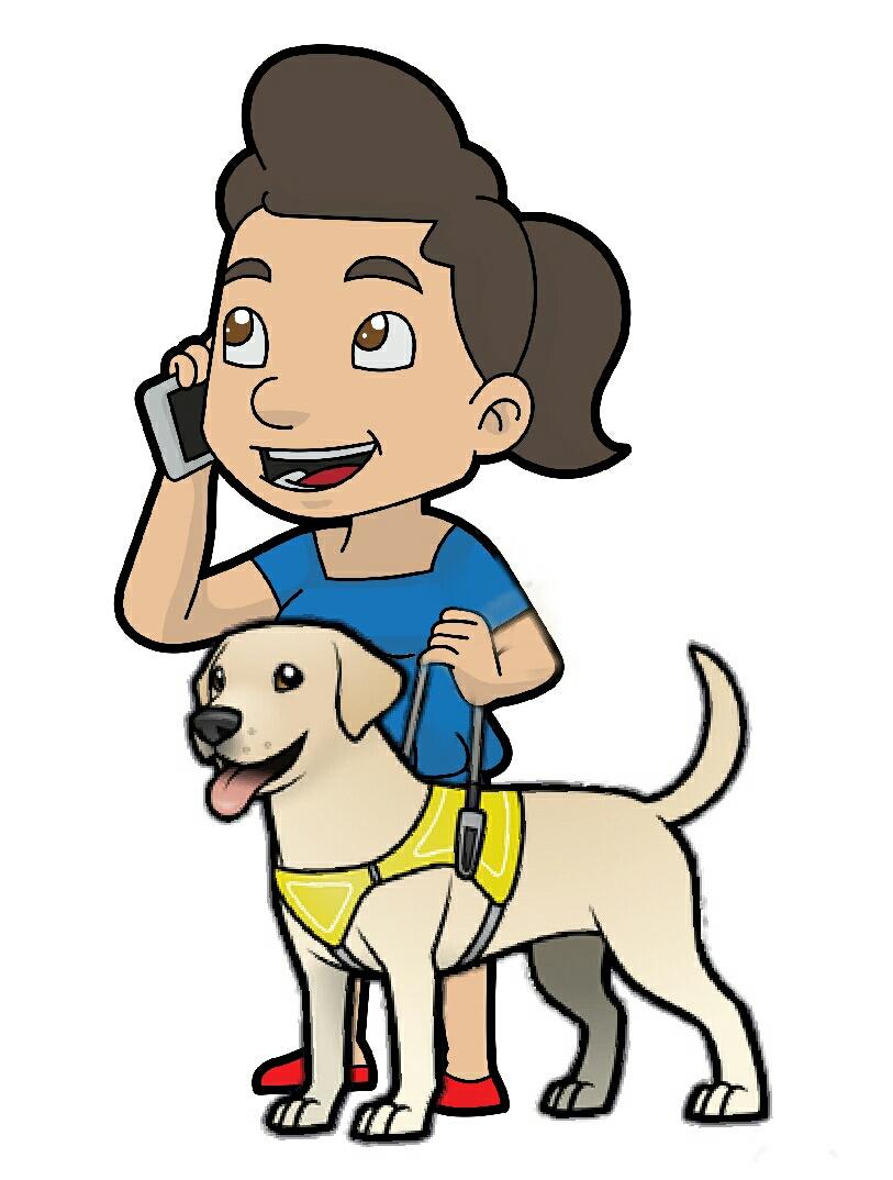 Cartoon woman talking on mobile is walking while with her guides dog