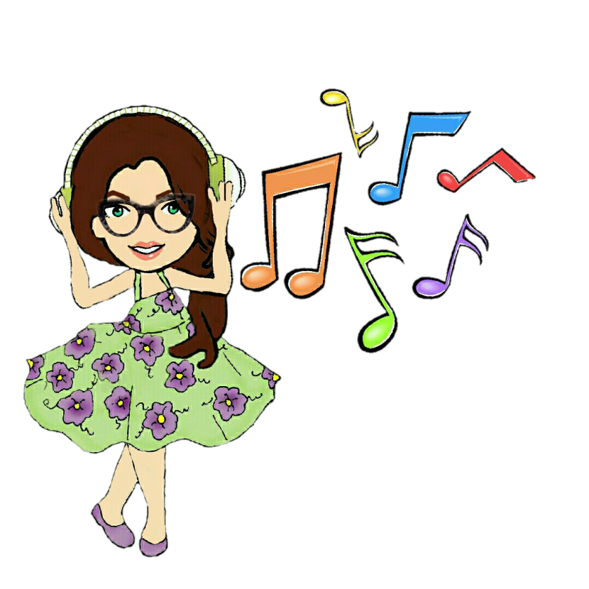 Woman dancing facing front with green flowered dress and headphones on 