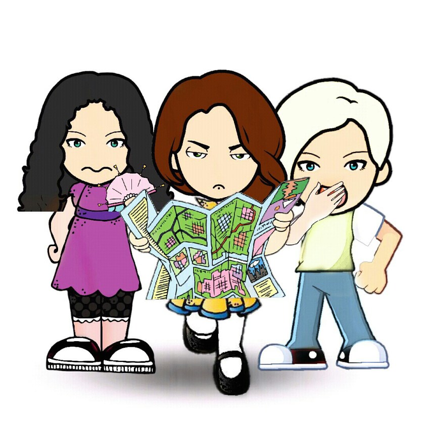 Woman holding a map looking down mouthed. With 2 friends behind 