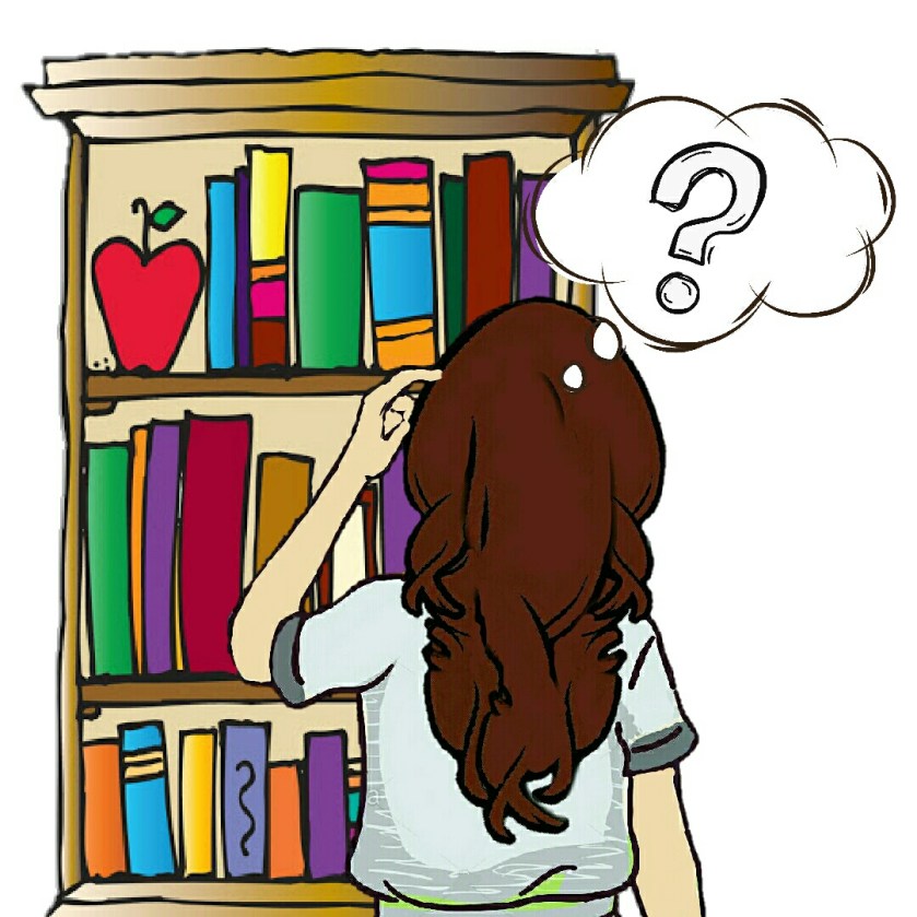 Women with long brown hair with back facing you. Looking at a bookshelf with a question mark above her head 