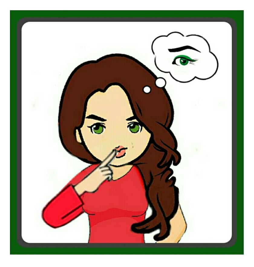 Cartoon woman with brown hair and red top has finger on her mouth thinking 