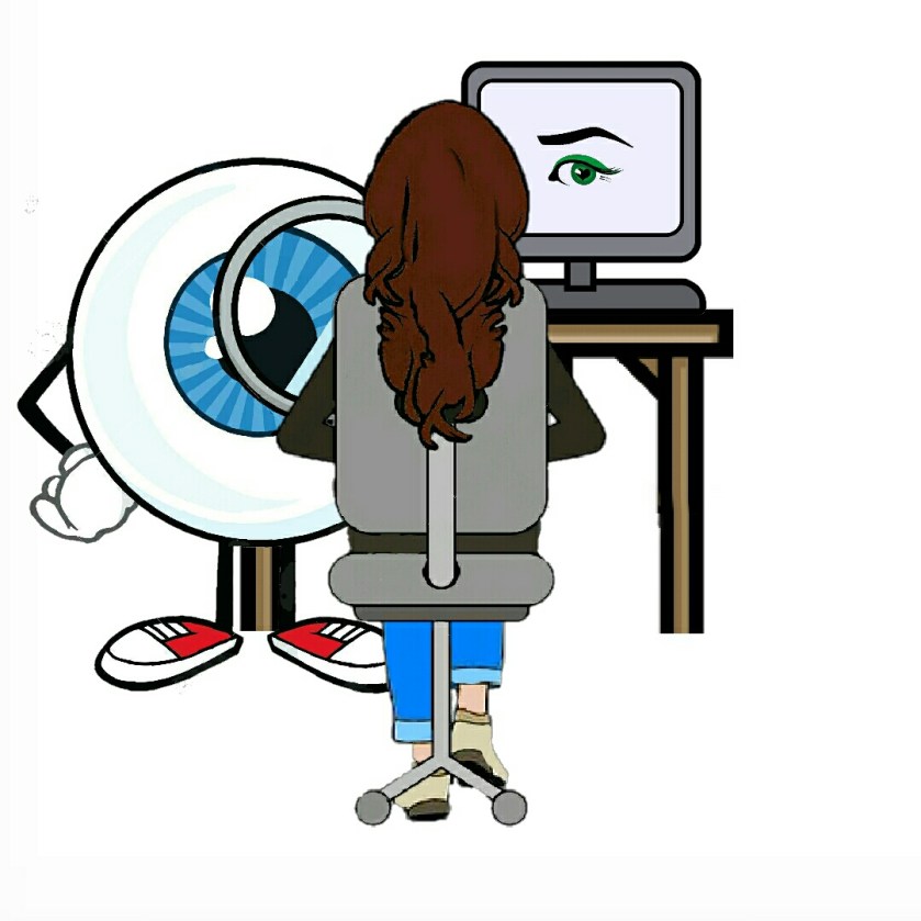 Woman with back towards you, sat on a chair with an eye cartoon character examining my eyes in a opticians office 