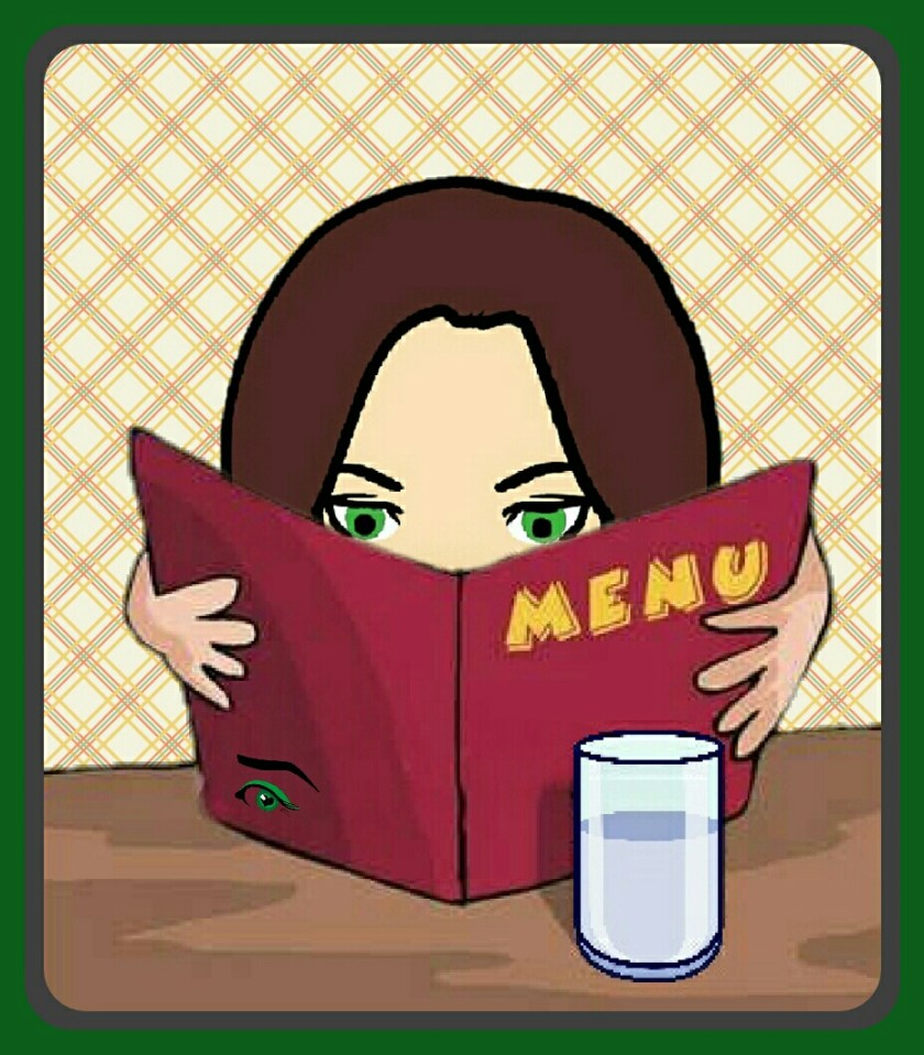 Cartoon woman looking closely at a menu in restaurant setting 