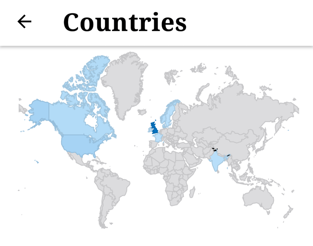 Map of countries that have visited. Highlighted in blue. 
