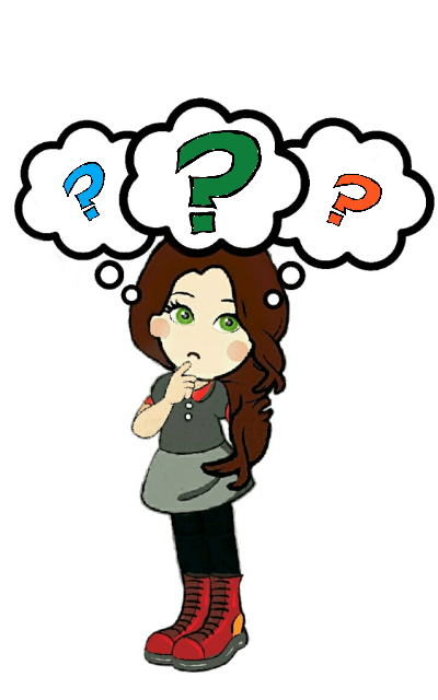Brown haired girl with question marks around her head. 