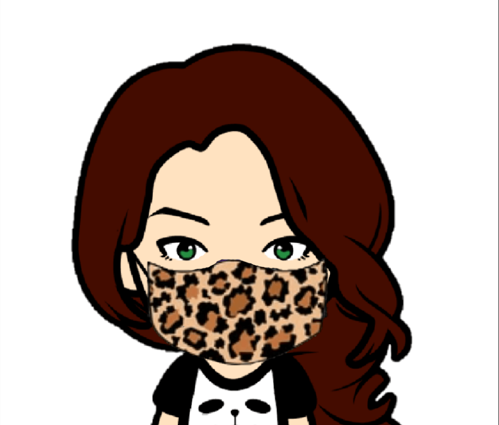 Brown haired woman facing front. wearing purple mask 