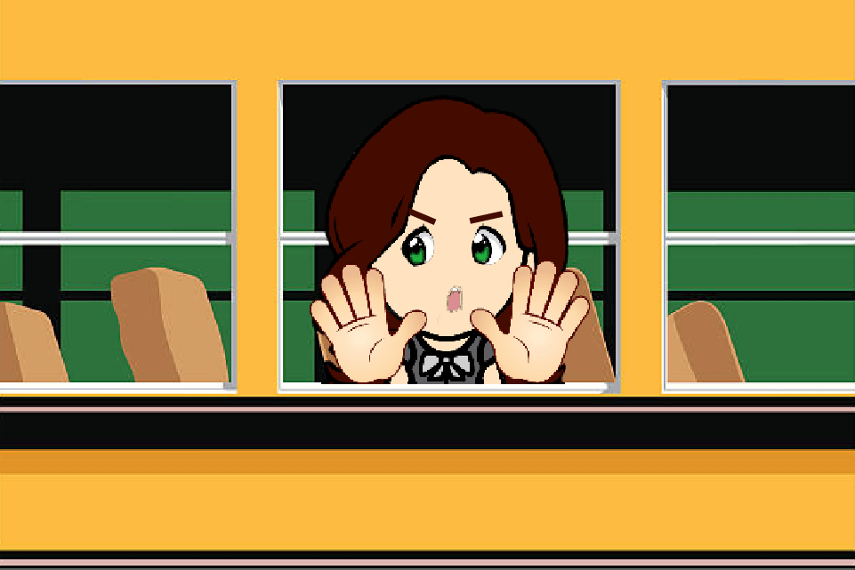 Woman on bus with brown hair looking shocked 