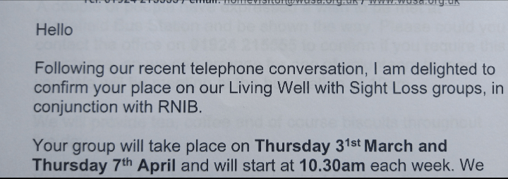 Partial letter from sight loss course with dates written on it 