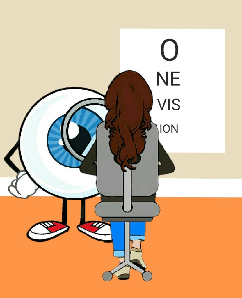 Cartoon depiction of myself looking at an eye test on the wall. With One Vision written on it.