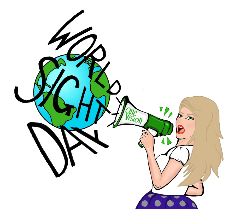 Woman with long blonde hair holding a green and white megaphone shouting into it World Sight Day.  The words appear in front of a picture of Earth.