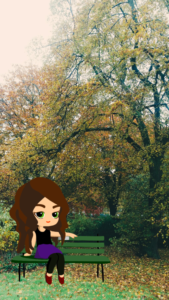 A brown long haired cartoon woman, sits on a green bench in a park setting. In the background there is grass and tall trees. She wears a purple skirt, black leggings, Black vest top with red shoes. Her green eyes are looking towards the camera 