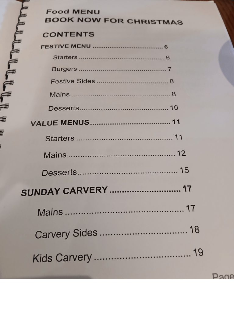 A white contents page with large black text. Different types of food listed with page numbers
