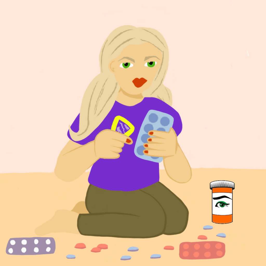 Cartoon image of a blonde long haired woman. Sat with knees bent with pill packets in different colours and pills, on the floor, by her knees. She holds a bright neon yellow magnifying glass reading the packets and discovering what they are.
