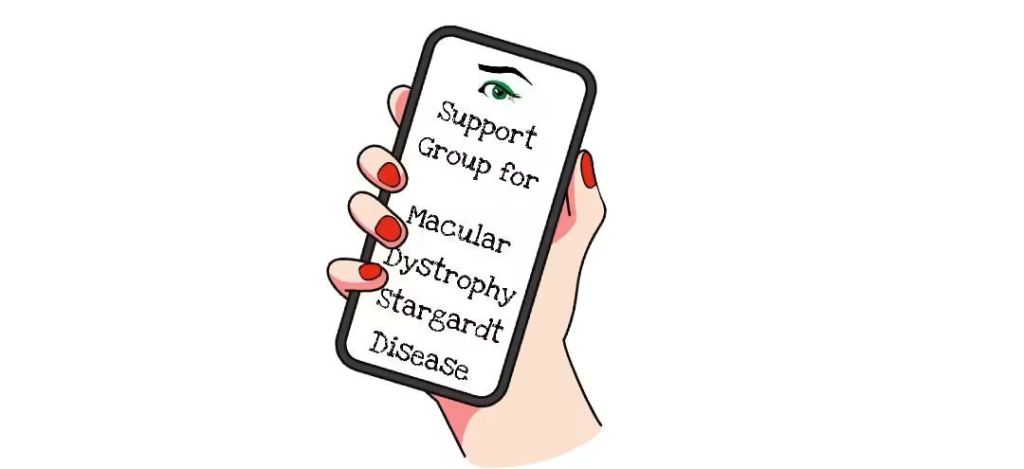 A white background. A hand in the centre, with red nails, holds a mobile phone with the words. Support Group for Macular Dystrophy Stargardt's Disease 