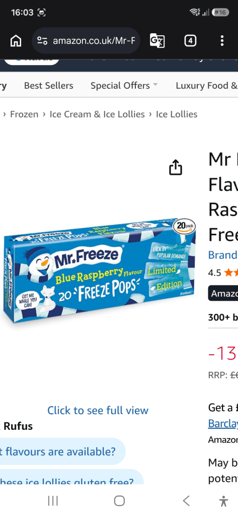 A screenshot of an amazon page selling Mr Freeze Blue Raspberry ice pops. A white background with the advertisement. A blue box of 20 ice pops in the middle.