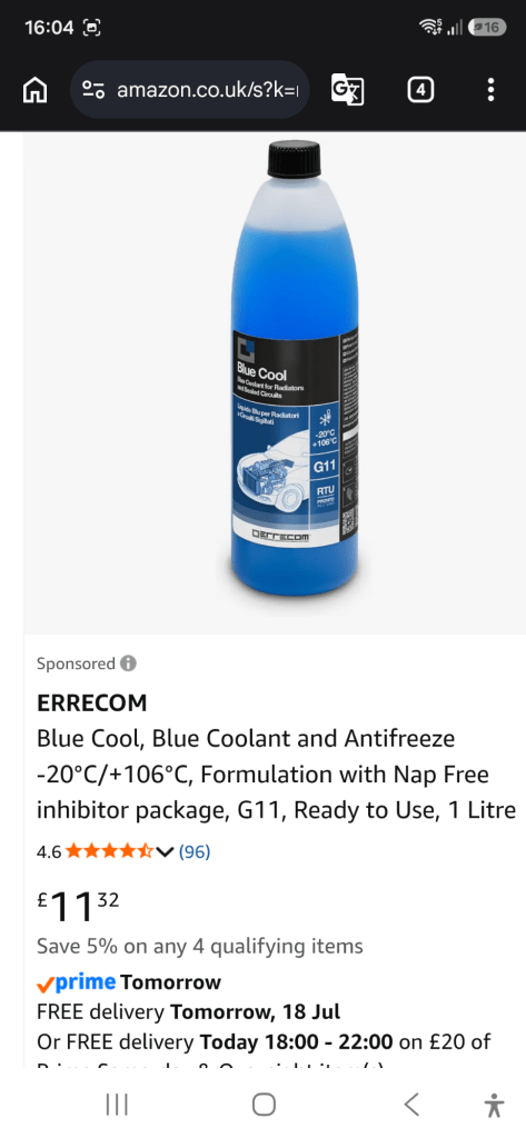 A screenshot of an Amazon page selling a bottle of bright blue anti-freeze liquid.