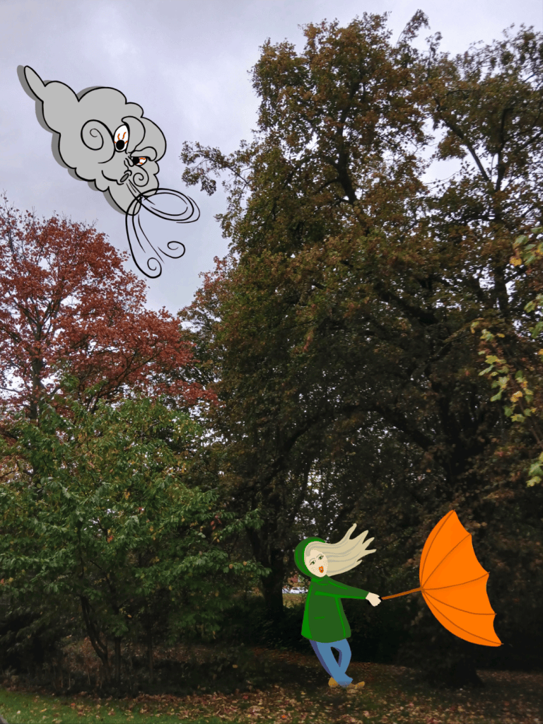 A background of autumnal trees. Green, Brown and red. A cartoon angry grey cloud blows wind at their cartoon woman walking in the fallen leaves. She has a green coat. Blue jeans and an orange umbrella that has turned inside out